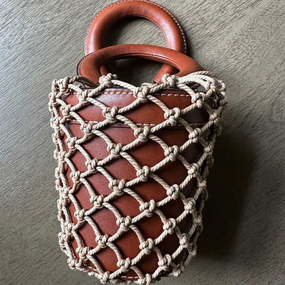STAUD Women's Brown Leather Bucket Tote with Rope Detail